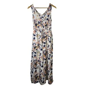 Lucky Brand Floral Maxi Dress V Neck Drawstring Waist White XS